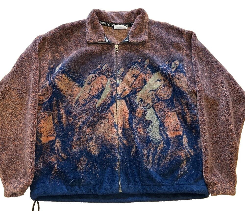 Vtg Outback Trading Company Sz Small Fleece Brown Jacket AOP Mustang Horses West